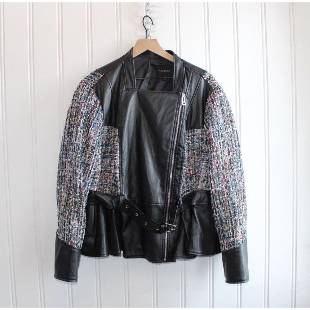Lane Bryant Faux Leather Tweed Moto Jacket Peplum Sequin‎ Plus Size 22/24